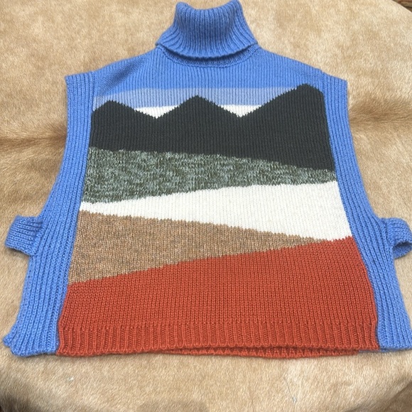 Anthropologie Blue and Red Turtleneck Poncho - Picture 3 of 5